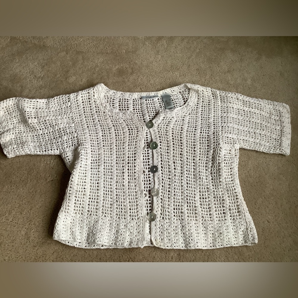 Linen and cotton crocheted short sleeve cardigan. Vintage JH Collectibles XL